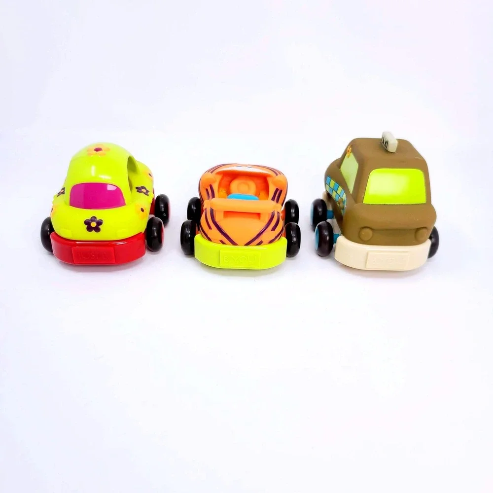 VALUE BUNDLE: 3 B. Toys‎ Pull Back Toy Cars Kids Toddler Soft Squeaker Bells Lot